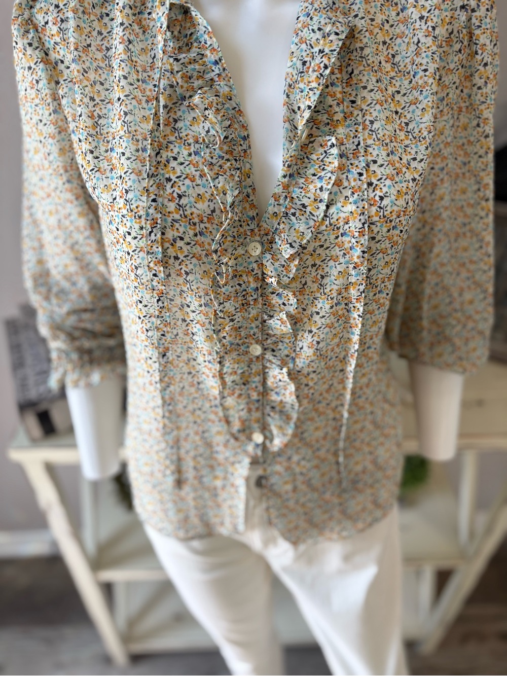Chelsea & Violet Cream Floral Ruffle Button-Front Blouse - Picture 7 of 10